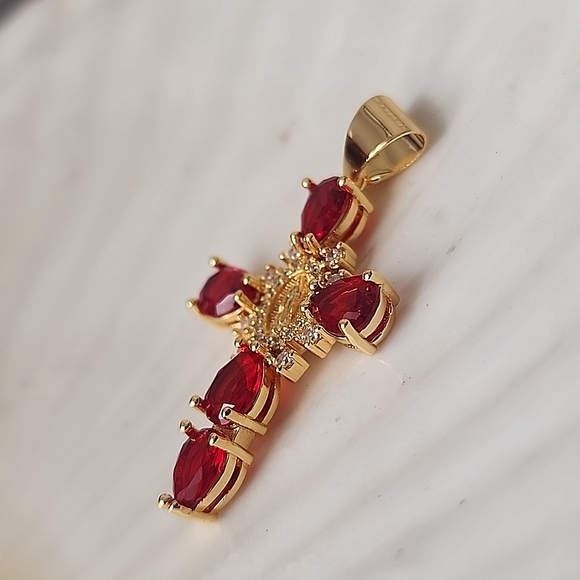 Gold Steel Cross Pendant Crystal Simulated Red Ruby Stones and Virgin Ma… - Picture 6 of 8